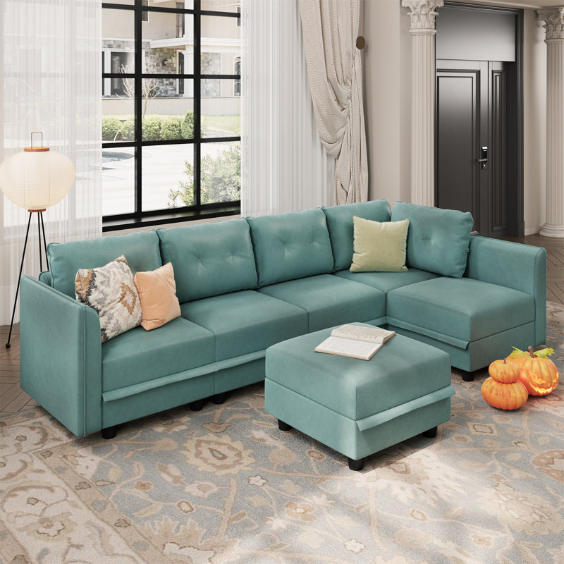 Canapé modulaire réversible avec repose-pieds Bresee, Similicuir bleu sarcelle, H 34 po x l 112 po x P 56 po