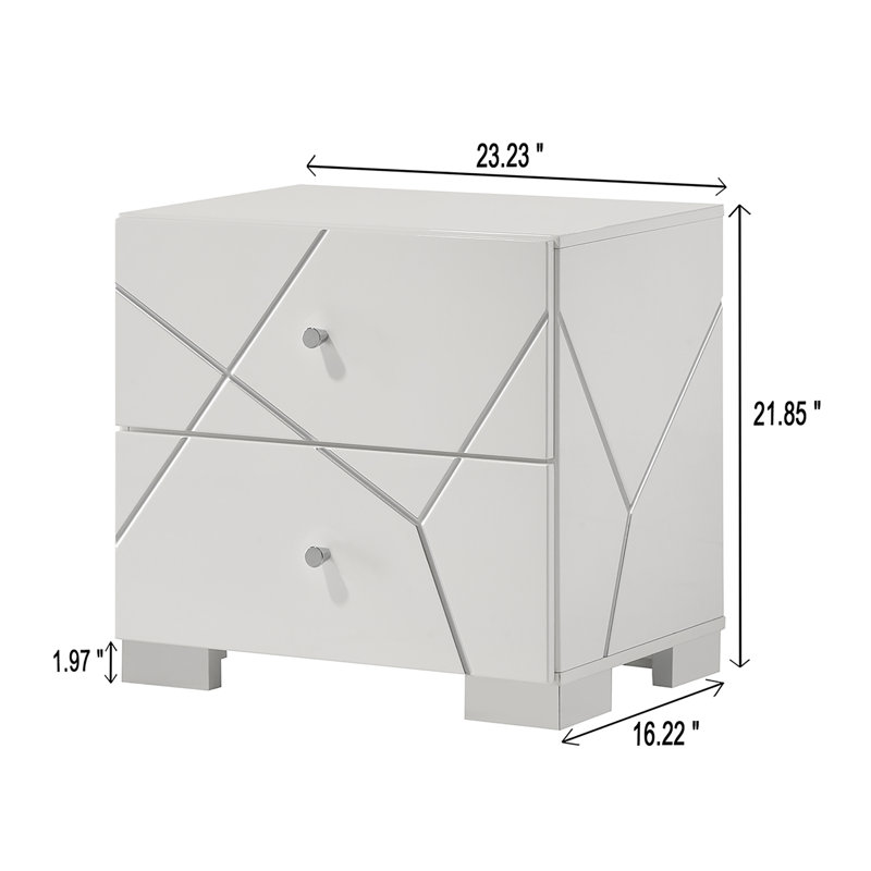 1Pc Contemporary Bold Geometric Accents Pristine High-Gloss Finish Two Drawers Nightstand Wooden