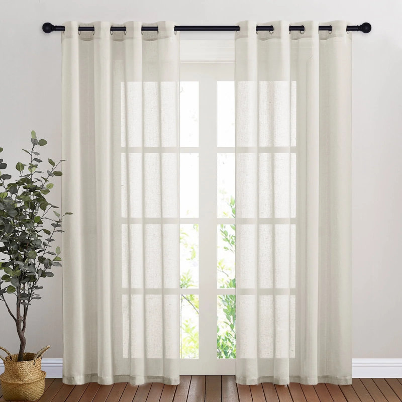 Flax Linen Curtains Semi-Sheer Solid Classic Grommet Privacy Drapes for Living Room & Bedroom, 2 Panels, 52" W x 84" L, Ivory