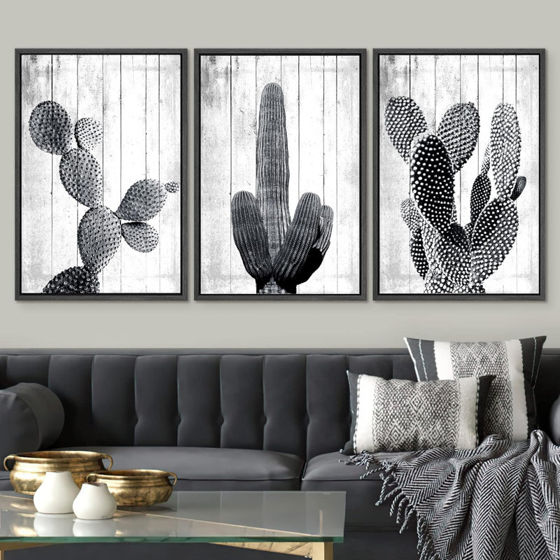 Cactus désert noir et blanc groupes de cactus, impression sur toile, 3 pièces, Noir, H 24 po x l 48 po x P 1,5 po