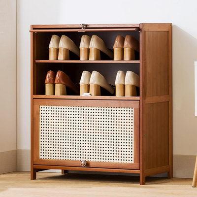 Range-chaussures en bambou avec porte en rotin et 5 rangées