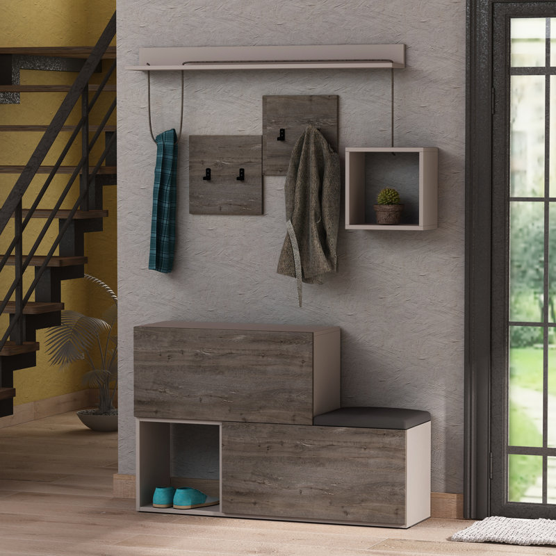 Hall Tree Bench with Shoe Storage and Coat Hooks, Light Mocha/Dark Coffee