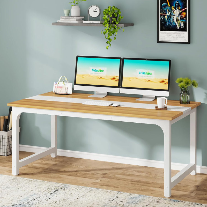 Steel Executive Desk, 75cm H x 160cm W x 80cm D, Light Walnut/White