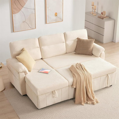 84''W Chenille Convertible L Shape Sectional Sleeper Sofa With USB And Storage
