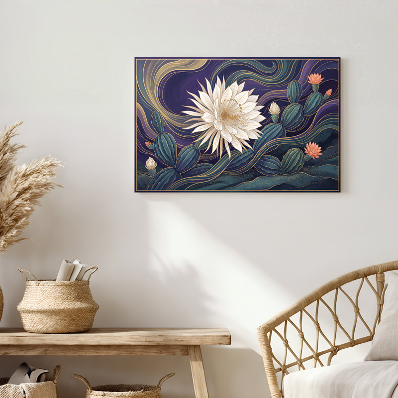 «White Night Blooming Cereus Flower» et cactus verts sur toile, art mural, H 24 po x l 36 po