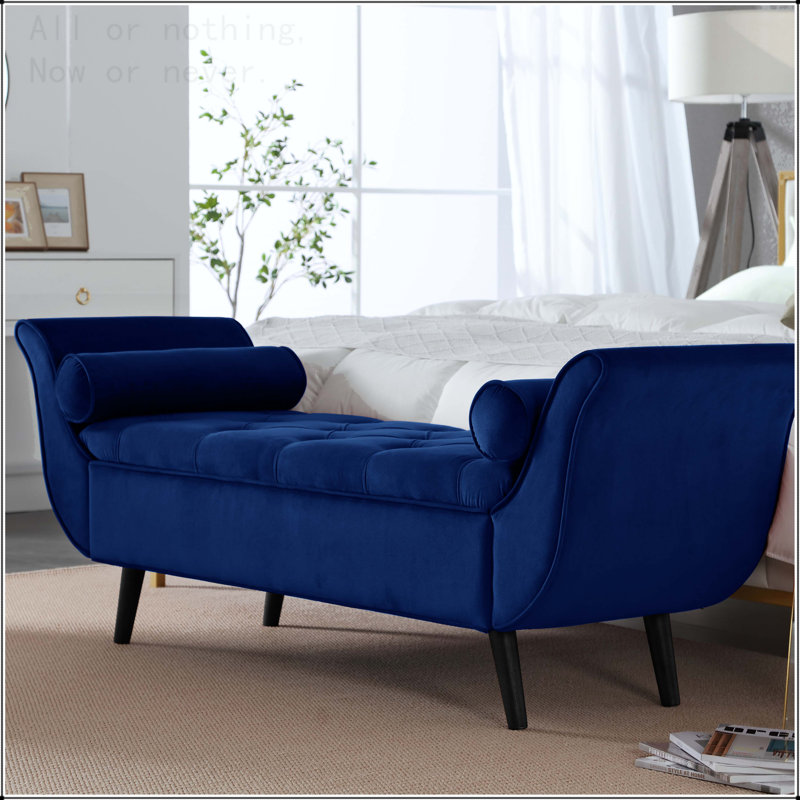 Vintage Tufted 65-inch Long Bench, Velvet Upholstered Storage Ottoman with Classic Retro Design, Navy, Black