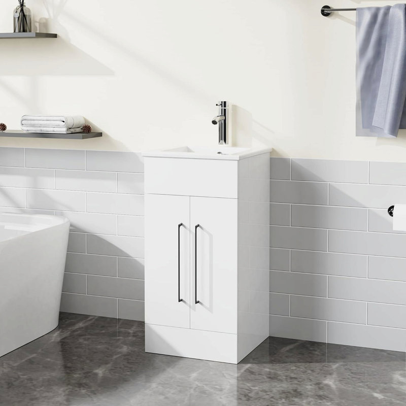 Petit meuble-lavabo simple 16 po, meuble de salle de bain autoportant moderne avec lavabo encastré blanc, armoire de rangement en bois 2 portes, blanc