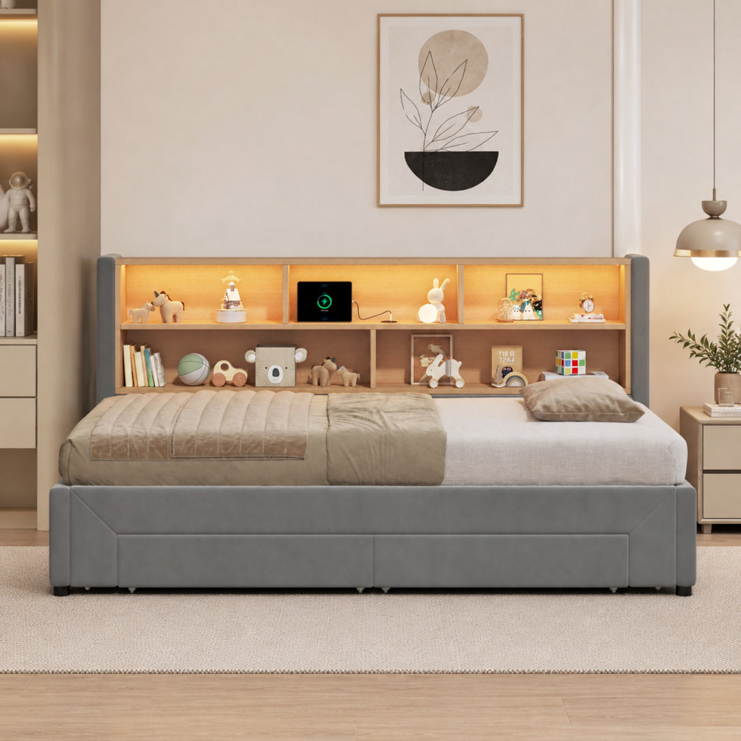 3ft extendable daybed with pull out trundle, led light, USB PORT and 2 drawers velvet beige