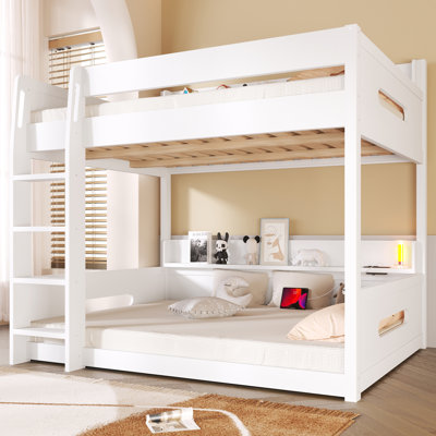 Queen over Queen Bunk Bed with Storage Shelves and USB Ports, White