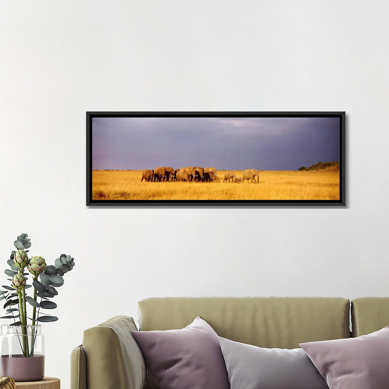 «Elephant Herd, Maasai Mara Kenya», reproduction de photo sur toile, H 16 po x l 48 po x P 1,5 po, Cadre noir