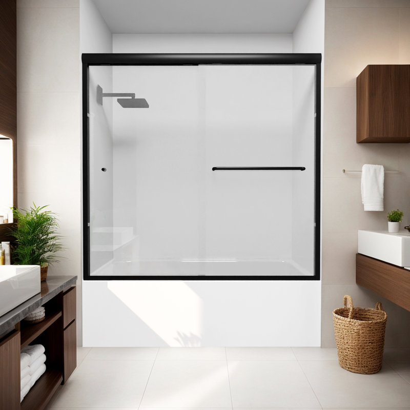 59" W x 56" H Double Sliding Semi-Frameless Tub Door, Matte Black, Clear