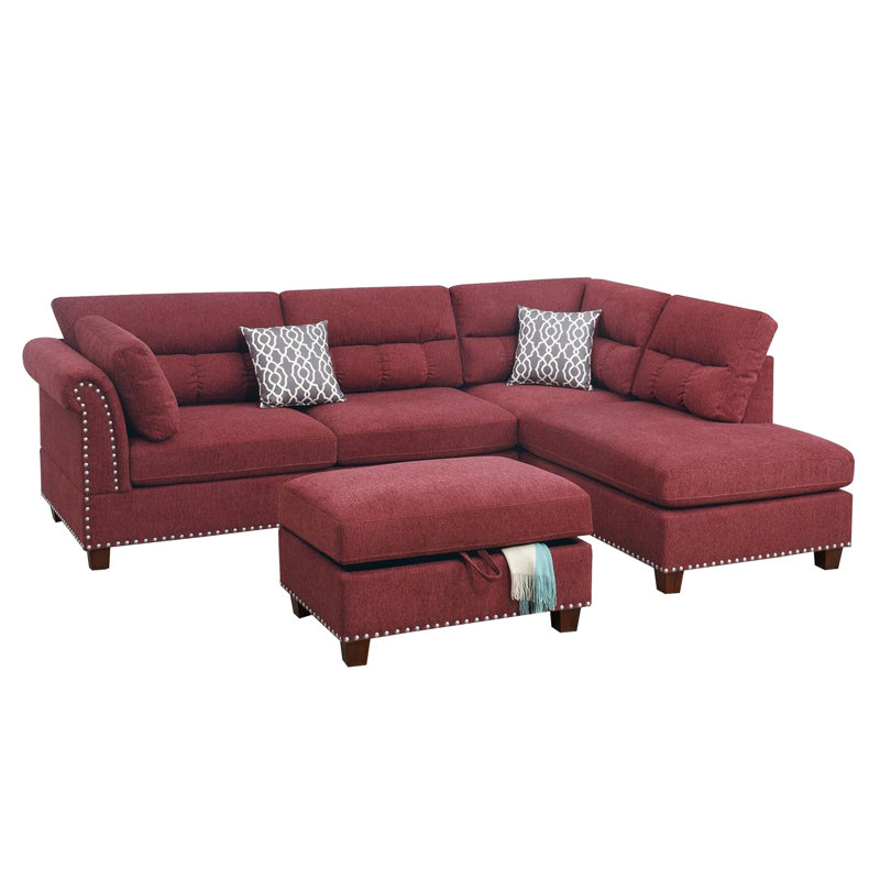 Upholstered L-Shaped Sectional Reversible, Red Velvet