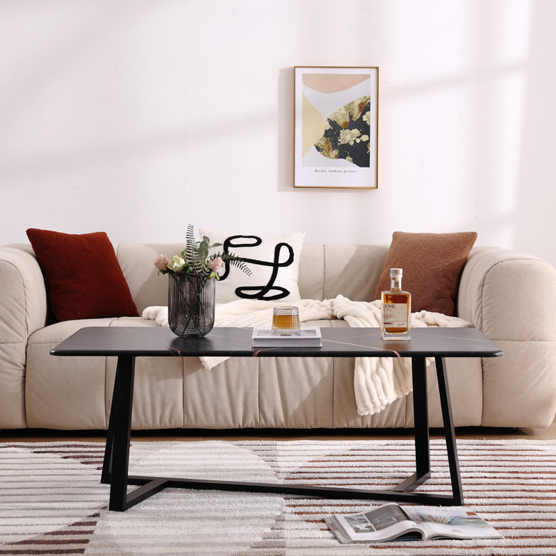 Table basse moderne, table de salon rectangulaire en panneau de fibres à densité moyenne de 47,2 po avec structure en fer noir, table centrale pour canapé, bureau à domicile