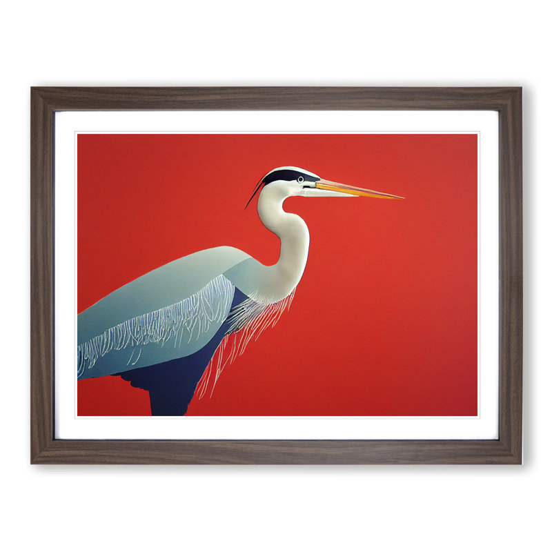 A Lively Heron Bird - Single Picture Frame Print, 34cm H x 46cm W x 2cm D, Walnut