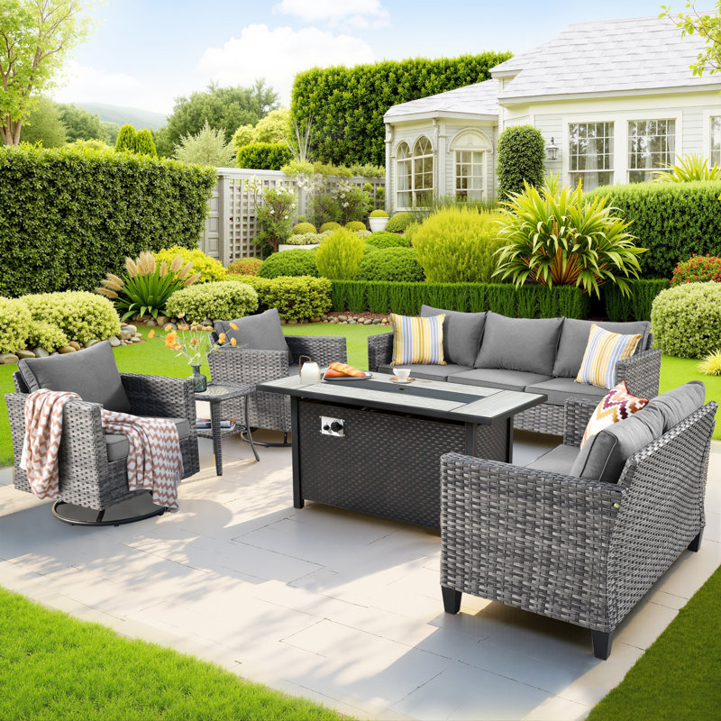 Harbin Wicker Rattan 7 - Person Outdoor Seating Group with Cushions with Fire Pit Table with Swivel Rocking Chairs, Gray