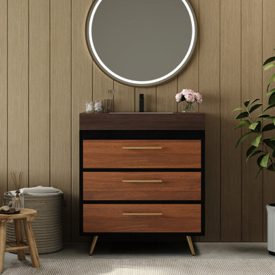 Meuble-lavabo moderne avec lavabo vasque en céramique, rangement spacieux, plateau en pierre frittée et caractéristiques stylisées Mid-Century