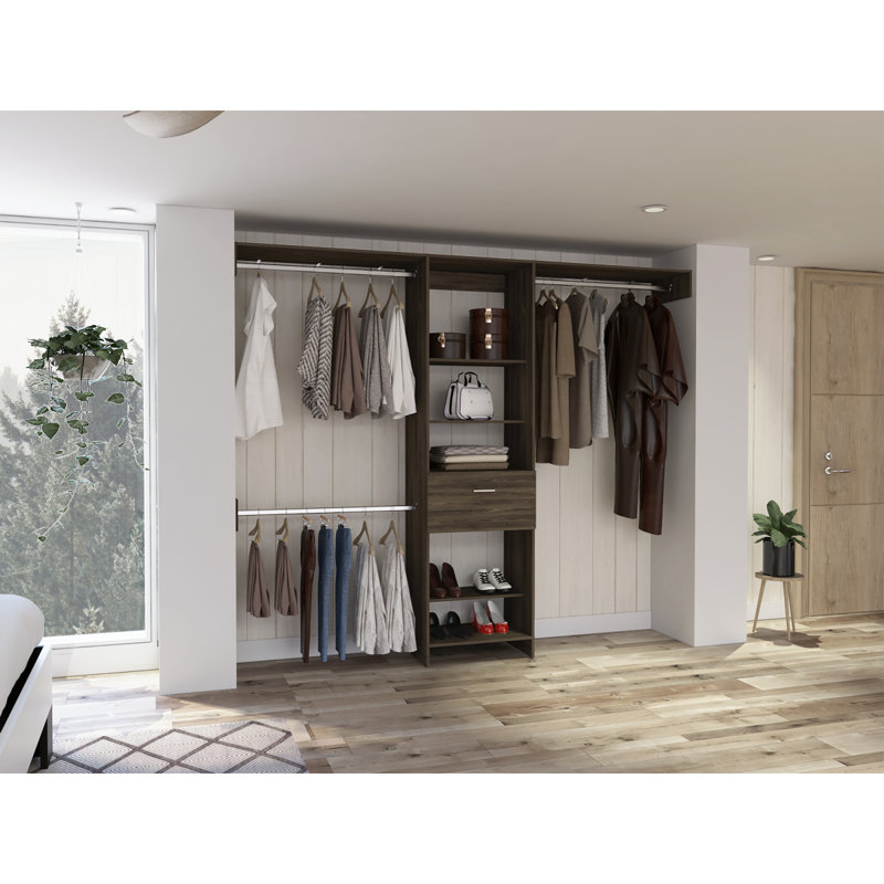 Calveston 1Drawer 4Shelf Closet System Dark Walnut, 98.51"W x 15.84"D, Brown