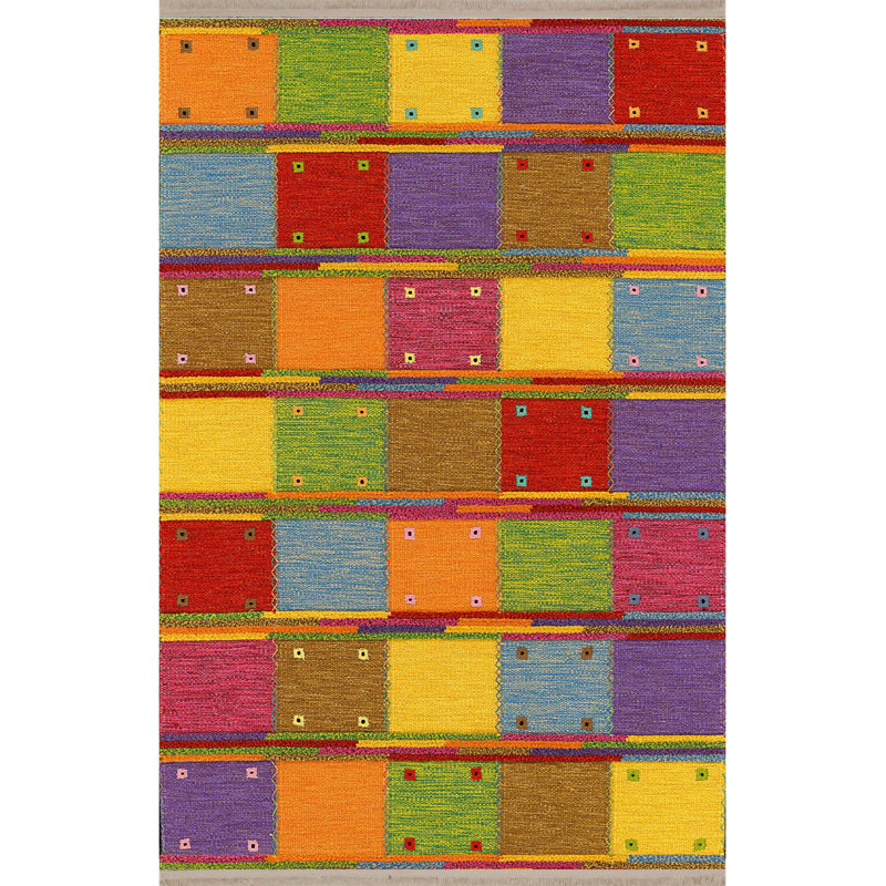 Multi-Colored Geometric Square Patterned Modern Decorative Rug, Rectangle 4'7.12" x 6'6.74"