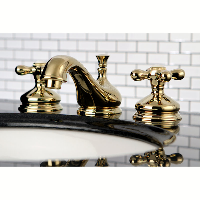 Kingston Brass Heritage Two-Handle 3-Hole Deck Mount Widespread Bathroom Faucet with Brass Pop-Up Drain, Polished Brass