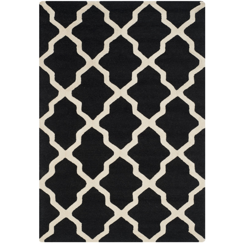 Cannen Hand Tufted Wool Geometric Rug, Rectangle 6' x 9', Black/Ivory