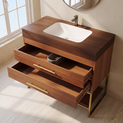 Meuble-lavabo simple autoportant en noyer de 76 cm (30 po) avec lavabo en céramique, comptoir en pierre frittée brun chaud et tablette ouverte