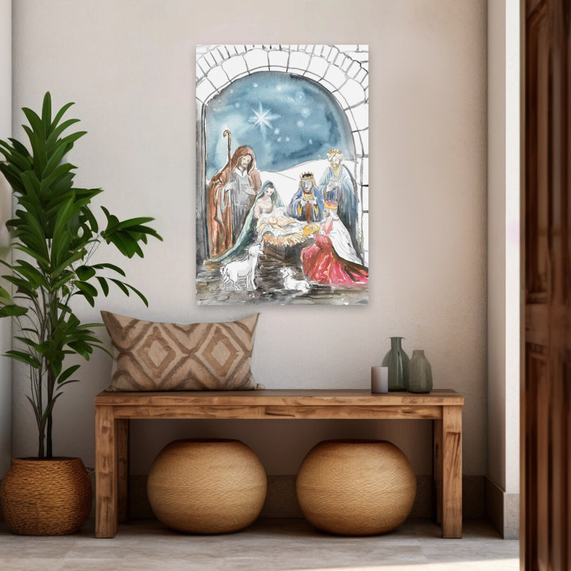 Le berceau de la création - crèche de Noël contemporaine avec trois rois mages, Mary and Joseph Art, H 48 po x l 32 po