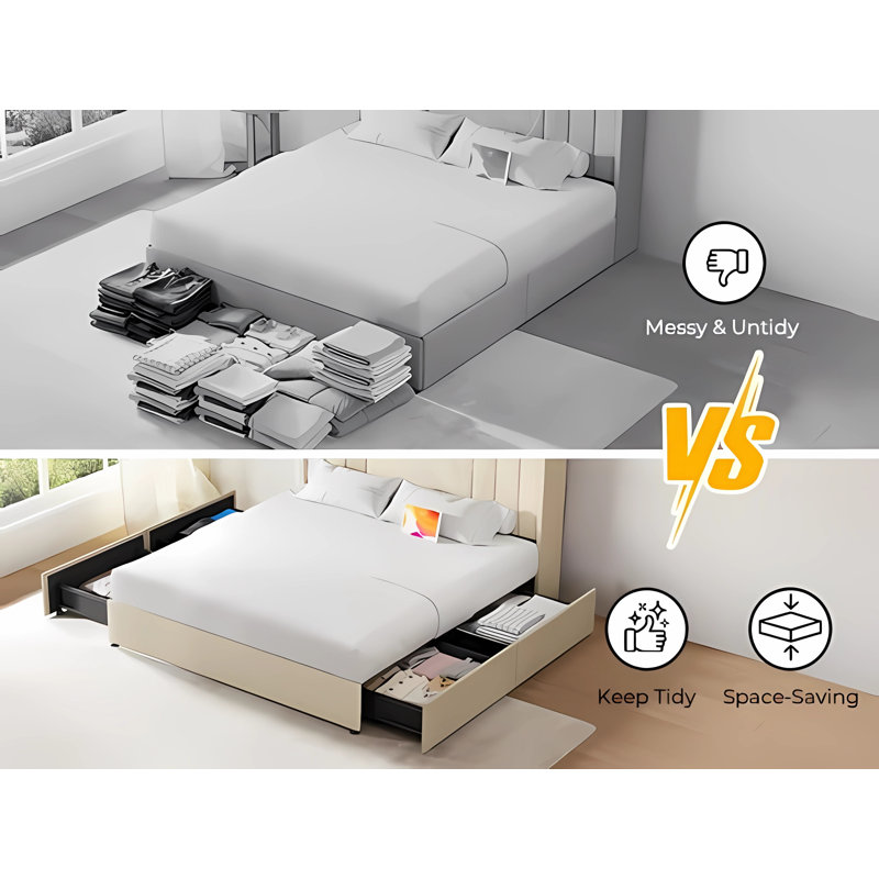 Full Beige Upholstered Bed Frame with LED Lights and Storage Drawers