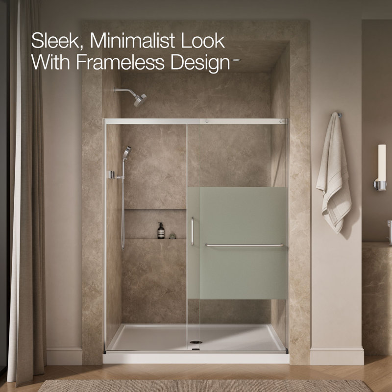 Elate Tall Sliding Shower Door, 75-1/2-In H X 62-1/4 - 65-5/8-In W With Heavy 5/16-In Thick Crystal Clear Glass With Privacy Band