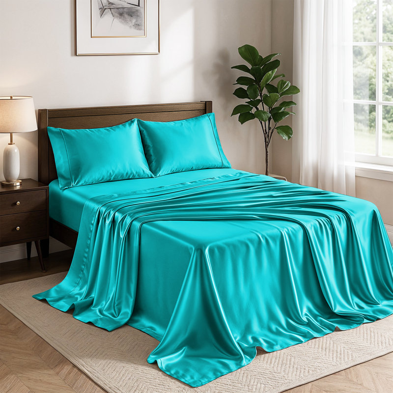 Drap-housse luxueux 4 pièces Lux Satin, Ensemble de draps pour grand lit avec 2 taies d'or, Bleu lac