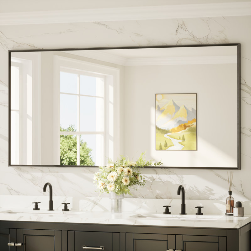Miroir de salle de bain avec cadre en aluminium et verre trempé, 72 po x 36 po, Noir mat, Rectangulaire