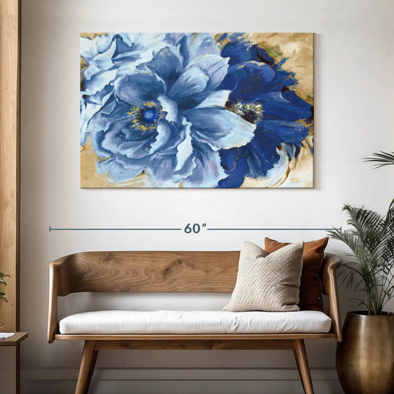 Aldoris, belles pivoines dans l'indigo, H 32 po x l 48 po