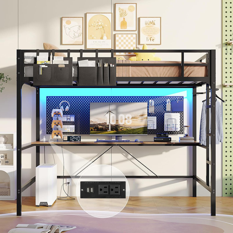 Full Size Loft Bed With Desk And Led Light, Metal Full Size Loft Bed With Power Outlet, Full Size Bed Frame With Upper Bunk, Safety Guard And Ladder, Space Saver,