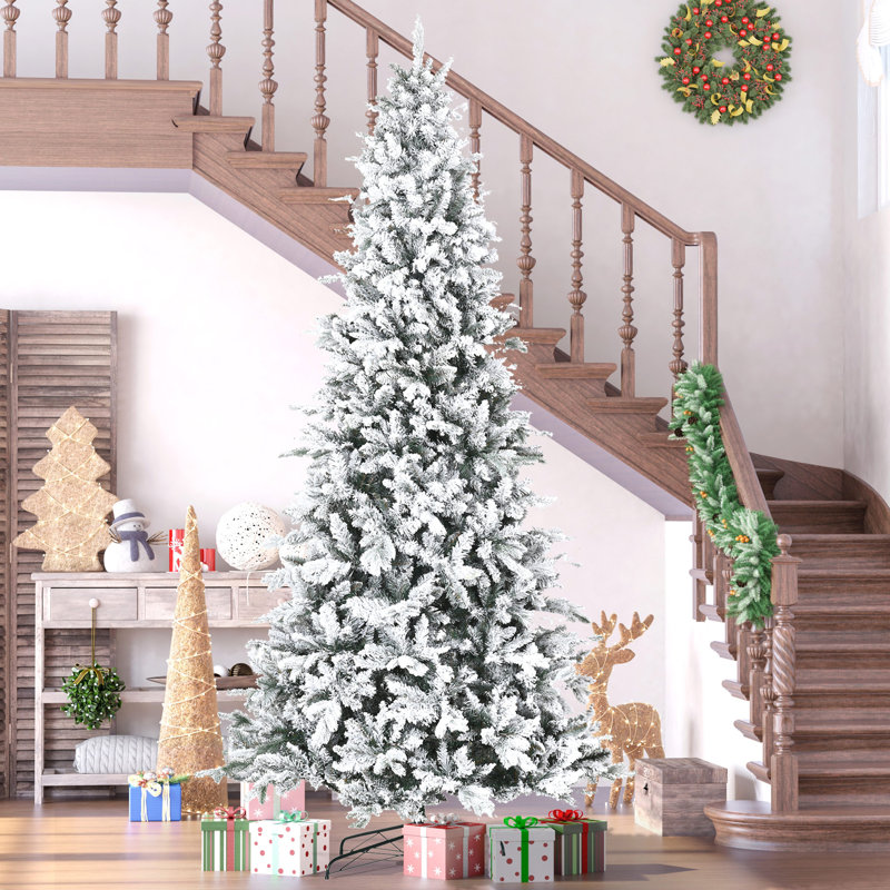 9 pi. Arbre de Noël artificiel pin enneigé avec 616 branches de cèdre réalistes, ouverture automatique, décoration de Noël, vert