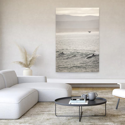 Art contemporain, paysage serein, tranquille, abstrait, mouette, dauphin, paysage côtier