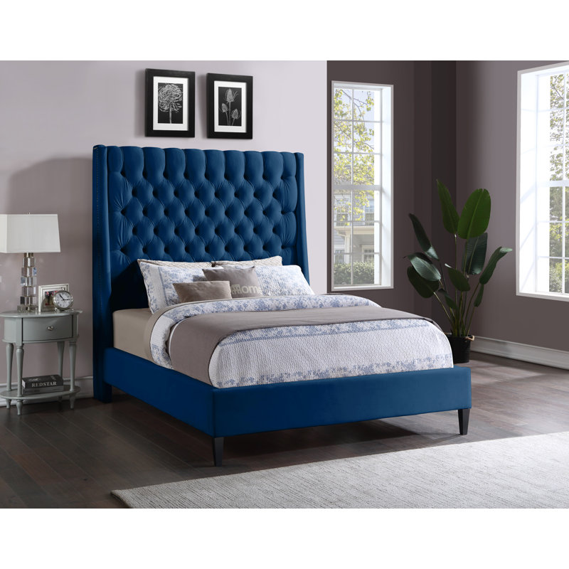 Dymph Upholstered Wingback Bed, Navy Velvet, Full