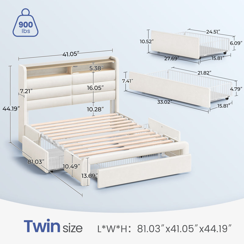 Wenda Bed Frame with 4 Storage Drawers and LED Lights, Upholstered Bed with Headboard and Charging Station, Twin/Single