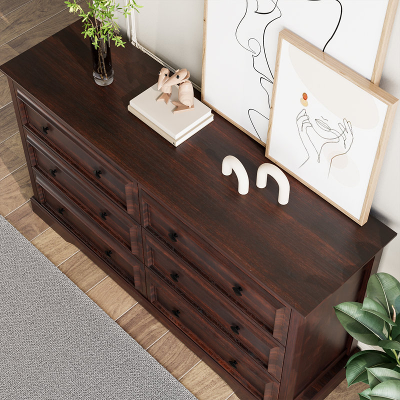 Farmhouse 6 Drawer Dresser For Bedroom, 54" Wide, Cherry