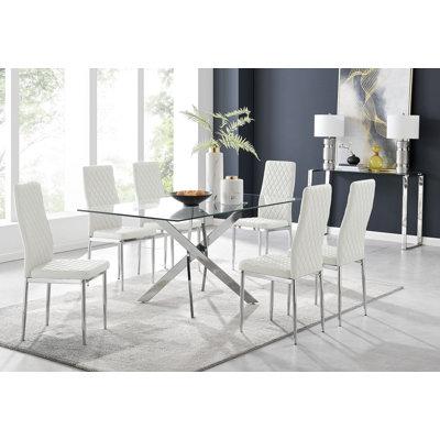 Lenworth Modern Chrome Metal and Glass Dining Table Set with 6 Luxury Faux Leather Dining Chairs