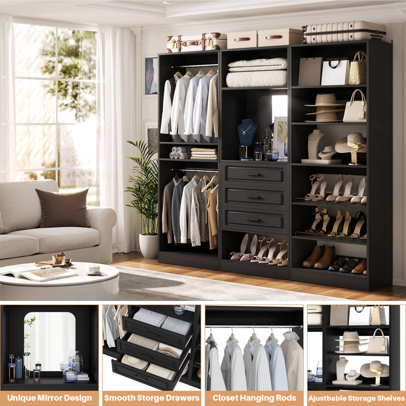 Freestanding Closet System with Mirrors, Drawers and Shoe Racks, Black