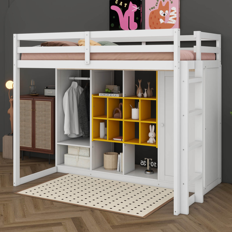 Lit mezzanine simple en bois avec garde-robe, tablettes et armoire, cadre de lit multi-rangement peu encombrant avec échelle réversible