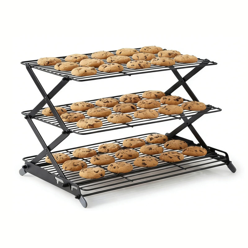 Grille de refroidissement pliable à 3 niveaux - Grille de cuisson réglable et empilable avec conception en X stable, grilles de refroidissement peu encombrantes pour la cuisson, la cuisson des biscuits, les gâteaux, le rôtissage et le séchage (noir)