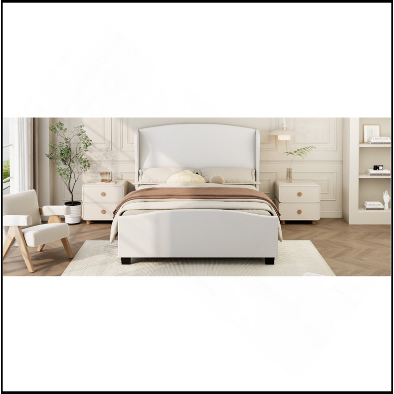 Lit rembourré en lin élégant et confortable avec structure robuste et matériau doux au toucher, Beige, Très grand lit