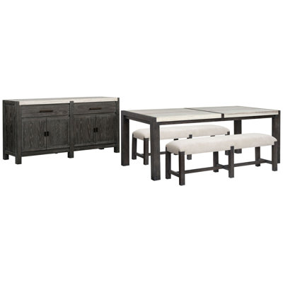 Table de salle à manger rectangulaire avec 2 bancs et buffet