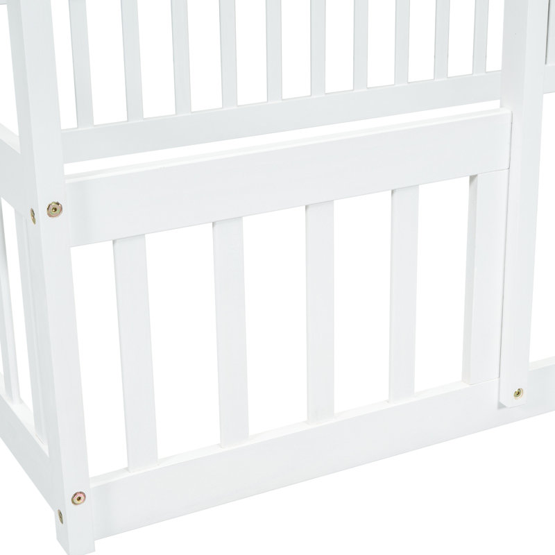 Lit blanc au sol avec structure en forme de maison et garde-corps - Fabriqué en pin pour une bonne nuit de sommeil, White