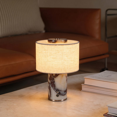Lampe de table en marbre sans cordon Vena - marbre naturel, abat-jour en lin