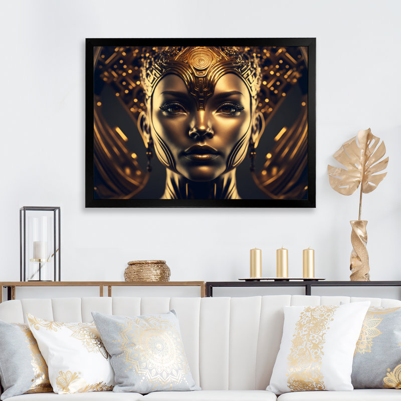 «Futuristic Golden Goddess III», reproduction sur toile, H 12 po x l 20 po x P 1 po, Cadre photo noir