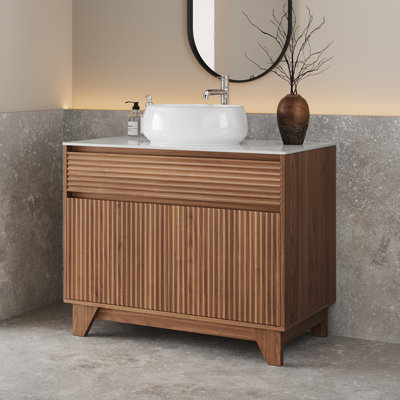 36‘’ Freestanding Bathroom Vanity with Fluted Cabinet Doors, Walnut Wood Bathroom Cabinet, White Snow Mountain Sintered Stone Countertop, Oval Ceramic Vessel Sink for Bathroom