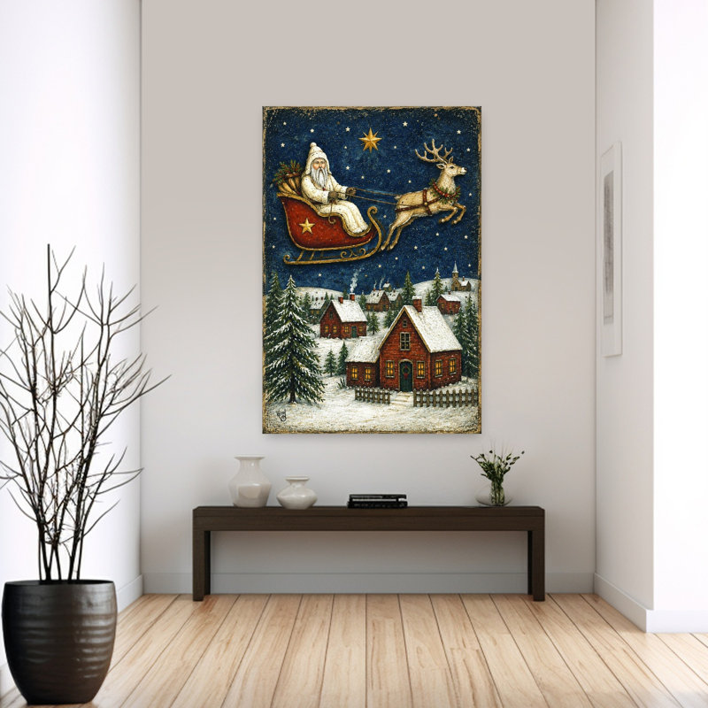 Santa In Sleigh Vintage Abstract Pine Tree Landscape Wildlife Wall Art Print, 152.4cm H x 101.6cm W