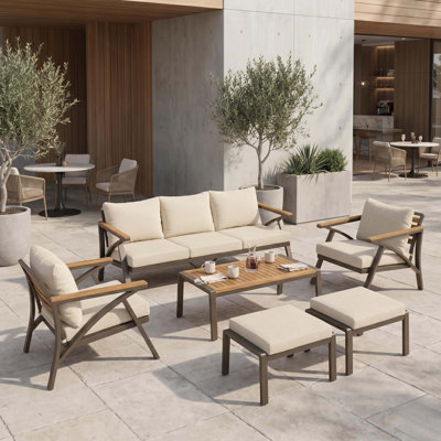 Ensemble de conversation extérieure 6 pièces avec structure en acier, table basse en bois d'acacia, coussins amovibles pour les rassemblements de jardin dans la cour arrière