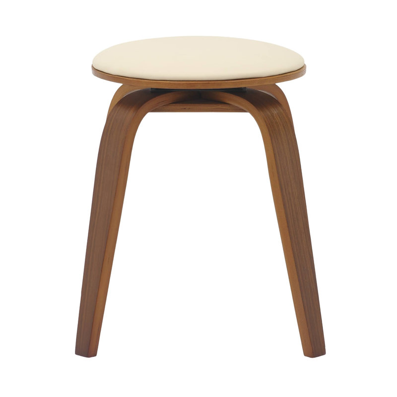 Hoxha Leather Round Dining Stool with Poplar Wood Legs and Swivel, Light Cream/Walnut